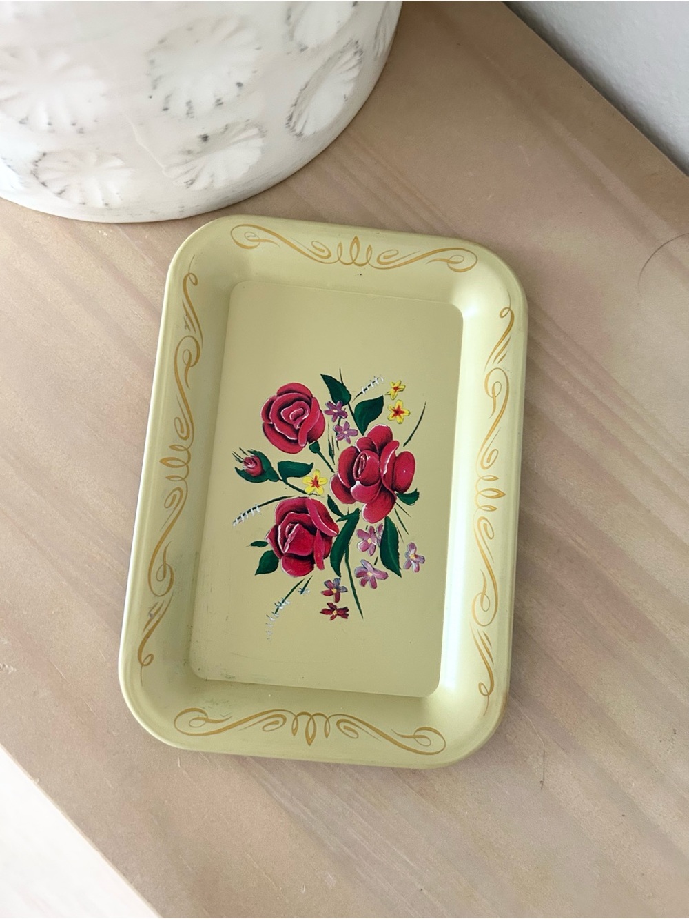 Vintage Pale Yellow Floral Metal Tray Hand Painted Roses Gold Tone Scrollwork